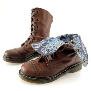 DR. MARTENS | Aimilie Brown Leather Combat Fold Over Blue Floral Boots US 9